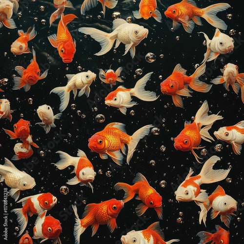  of various goldfish on a black background 