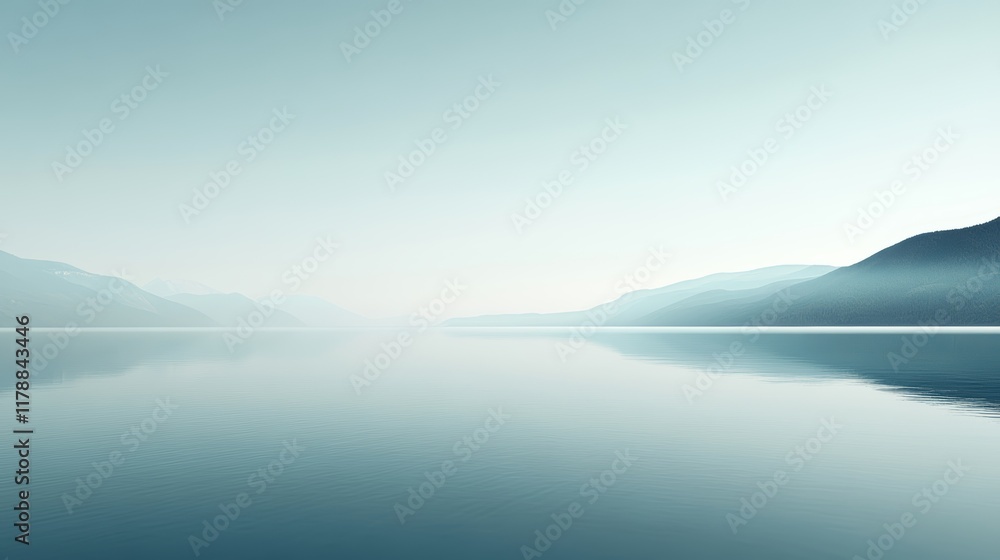 Fototapeta premium Peaceful scene of a calm lake reflecting misty mountains under a clear sky, capturing the essence of tranquility and natural beauty.