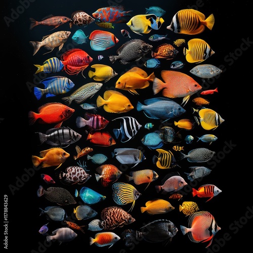 various tropical brightly colored fish on a black background 