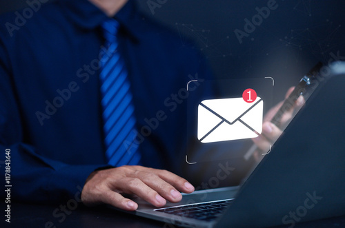 Business email uses technology to send messages, has a mailbox, uses marketing, works on icons, delivers on computers and digital networks, and has a communication channel for receiving newsletters. photo