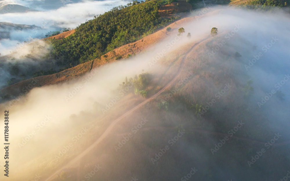 Aerial landscape view of mountains and the sea of fog by drone Aerial landscape view of mountains and the sea of fog by drone