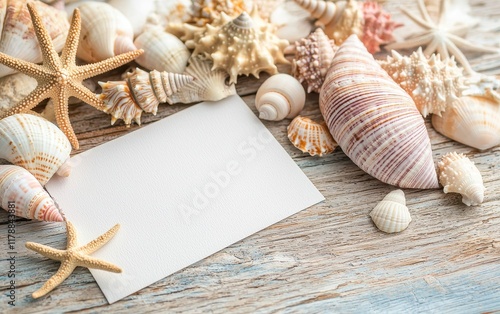 Seashells Summer Beach Background with Blank Notecard for Text or Message