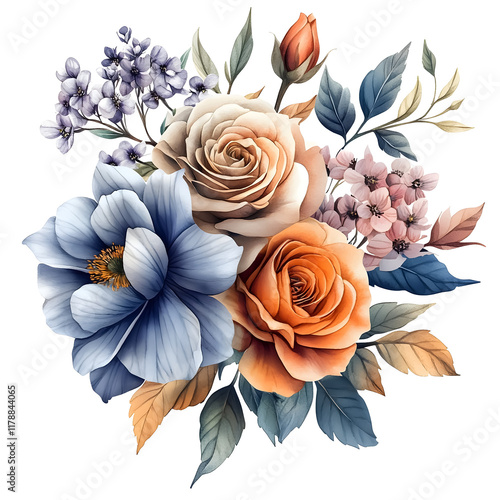 Nature, flowers, clipart watercolor painting of flower, symmetrical pattern, botanical print on white background, vintage style.QW-0817