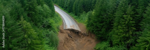 A deserted road surrounded by lush forest is partially collapsed due to a significant landslide along its edge. photo