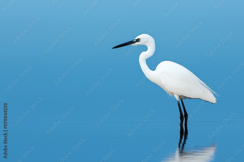 A conceptual representation of a lakeshore ecosystem. Elegant white heron standing in calm blue water, reflecting its image. A conceptual representation of a lakeshore ecosystem. Elegant white heron standing in calm blue water, reflecting its image.
