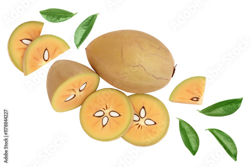 Sapodilla isolated on white background with full depth of field. Top view. Flat lay photo