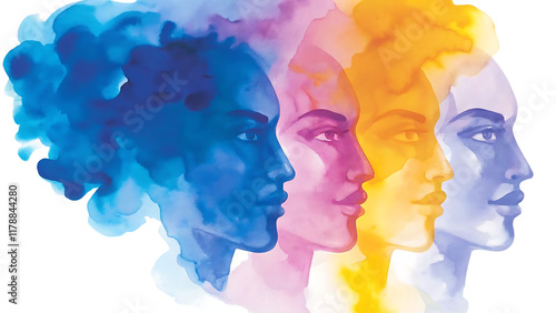 ultiple colored face silhouettes in watercolor style isolated on transparent background photo