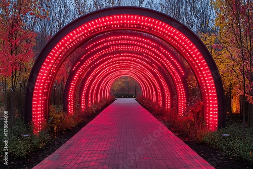 Illuminated Red Archway Pathway Autumn Garden photo