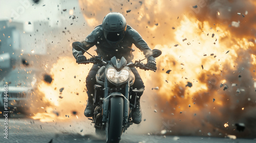 Motorcycle Rider Amidst an Explosion: A biker in full gear races through a fiery explosion, capturing the adrenaline-fueled thrill of danger and defiance. photo