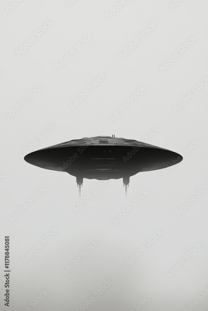 Black and white image of a UFO flying in the sky. Scene is mysterious and otherworldly Black and white image of a UFO flying in the sky. Scene is mysterious and otherworldly