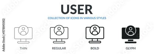 Collection of USER icons in variety of styles. Designed in thin line, regular line, bold line, and glyph.