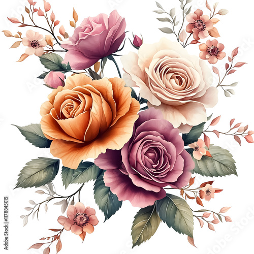 Nature, flowers, clipart watercolor painting of flower, symmetrical pattern, botanical print on white background, vintage style.QW-0916