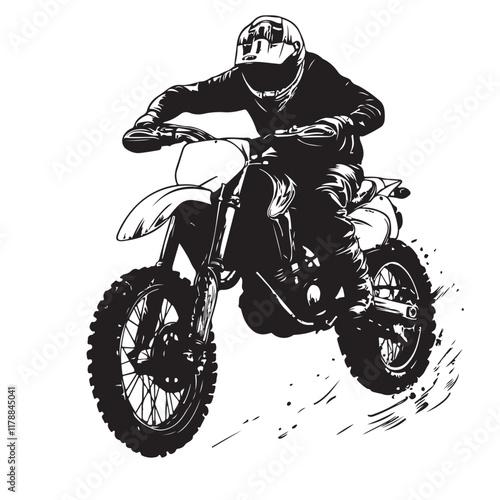 Black and White Motocross Action – Vector Illustration