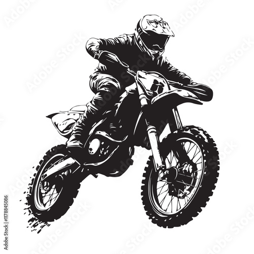 Black and White Motocross Rider in Action – Vector Illustration