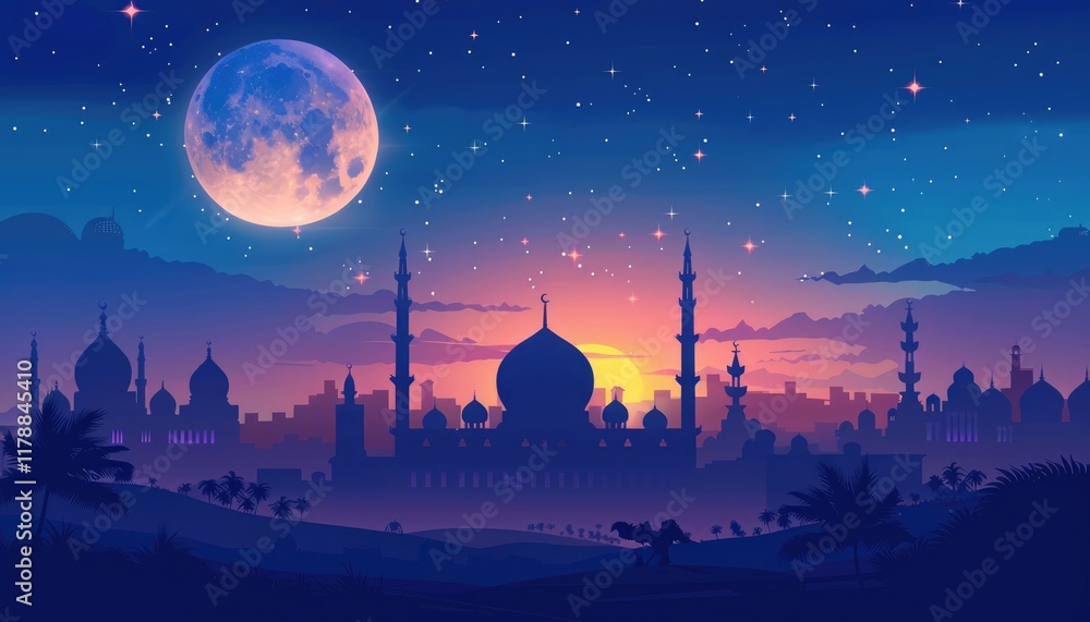 Naklejka premium Nighttime Arabian Cityscape with Mosque and Camel Silhouette