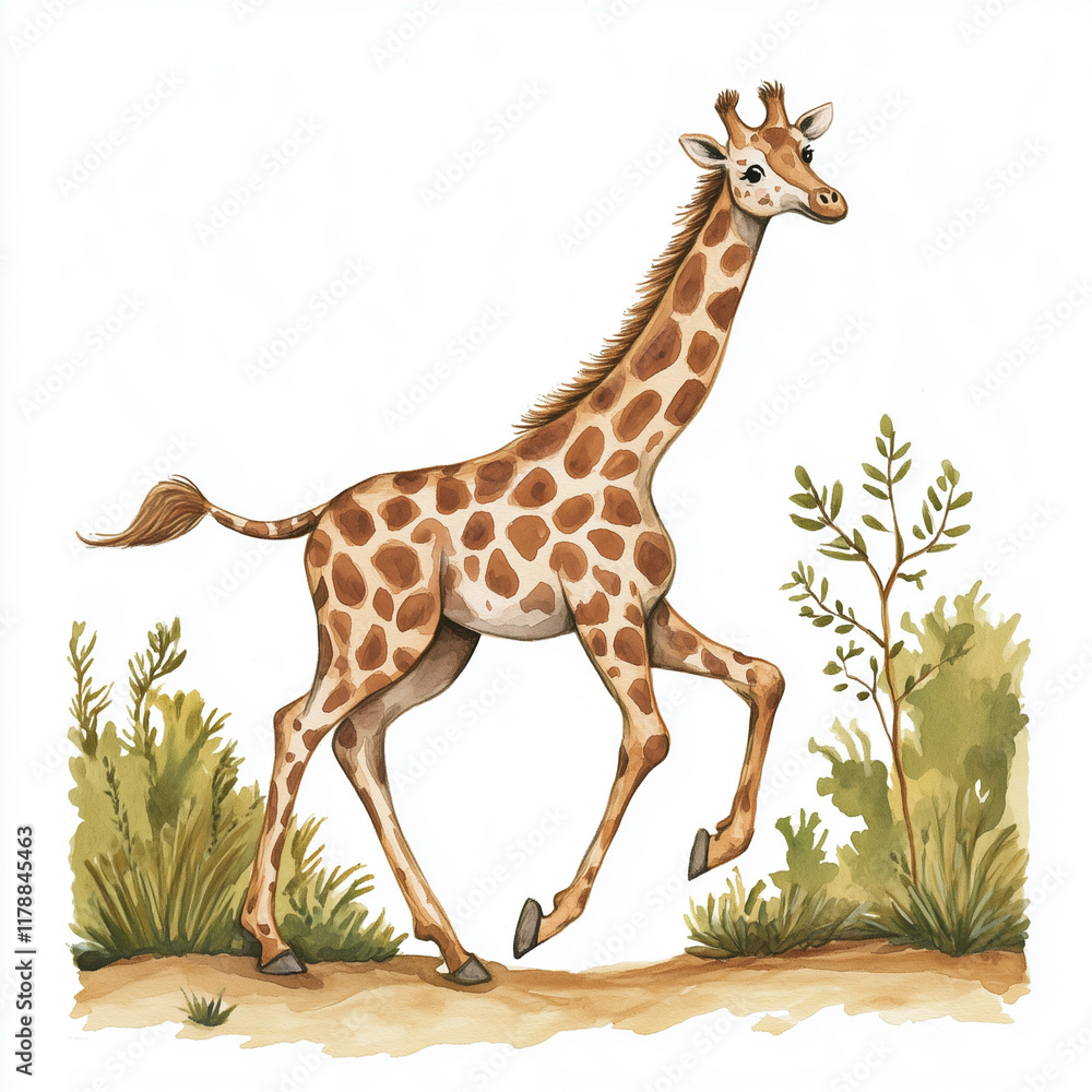 Fototapeta premium Illustration of the Giraffe walking towards through savannah, soft watercolor tones, white background, detailed illustration, cartoonish.