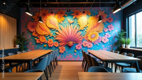 Vibrant mural on coworking space wall inspiring creativity and out-of-the-box thinking, Professional stock photo, AI generated photograph photo