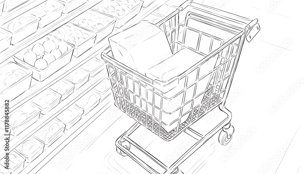 Line art/Hand-drawn sketch of a shopping cart filled with groceries in a supermarket. A detailed line drawing of a shopping cart filled with items and packaged goods Line art/Hand-drawn sketch of a shopping cart filled with groceries in a supermarket. A detailed line drawing of a shopping cart filled with items and packaged goods