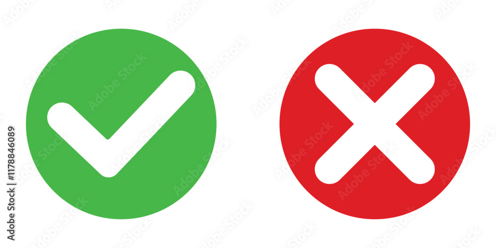 Tick, Cross sign symbol. Right or wrong, Tick, close symbol. No, Approved disapproved, Accepted-Rejected, Right-Wrong, Correct-False, Green-Red, Ok-Not. Vector illustration. Tick, Cross sign symbol. Right or wrong, Tick, close symbol. No, Approved disapproved, Accepted-Rejected, Right-Wrong, Correct-False, Green-Red, Ok-Not. Vector illustration.