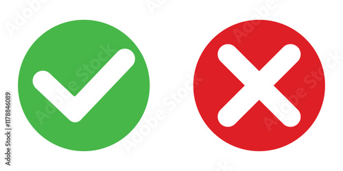 Tick, Cross sign symbol. Right or wrong, Tick, close symbol. No, Approved disapproved, Accepted-Rejected, Right-Wrong, Correct-False, Green-Red, Ok-Not. Vector illustration. 