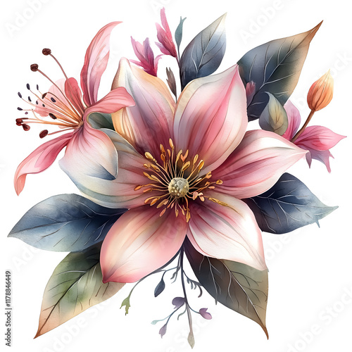 Nature, flowers, clipart watercolor painting of flower, symmetrical pattern, botanical print on white background, vintage style.QW-0902