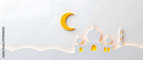 Paper cut banner with colorful crescent moon and mosque silhouette. Minimalist Ramadan architecture theme.