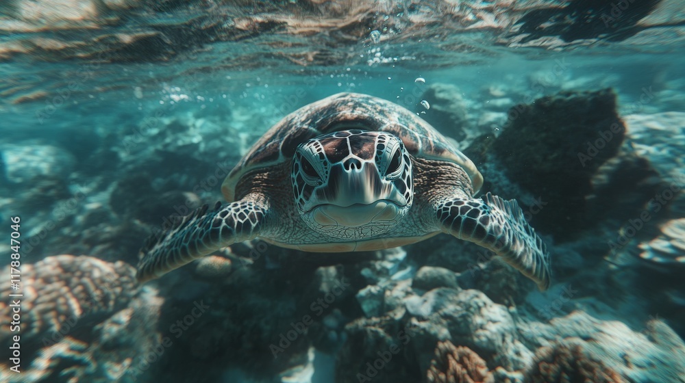 Fototapeta premium Underwater Sea Turtle Closeup Ocean Wildlife Coral Reef