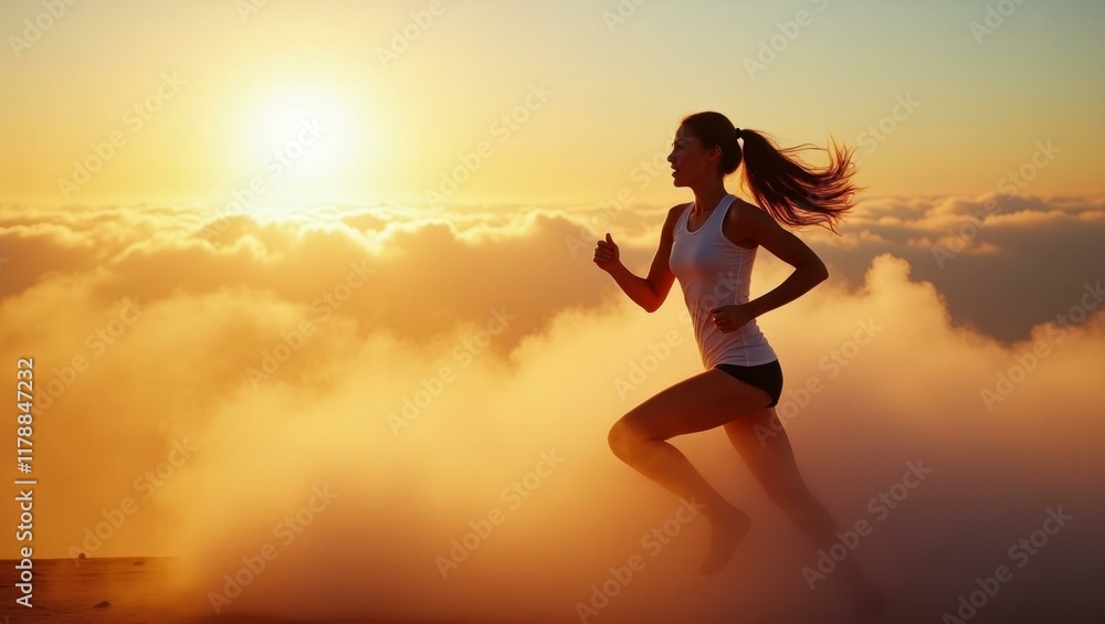 Her breath visible in crisp air creating clouds of warm vapor as she runs , Professional stock photo, AI generated photograph Her breath visible in crisp air creating clouds of warm vapor as she runs , Professional stock photo, AI generated photograph