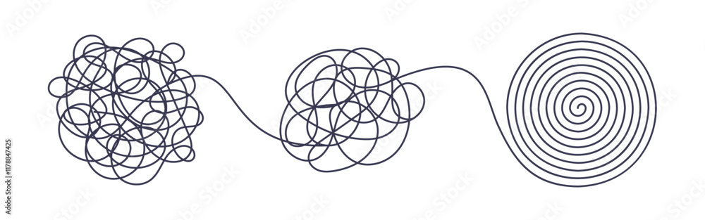Chaos and order business concept flat style design vector illustration isolated on white background. Tangled disorder turns into spiral order line, find solution. Coaching, mentoring or psychotherapy. Chaos and order business concept flat style design vector illustration isolated on white background. Tangled disorder turns into spiral order line, find solution. Coaching, mentoring or psychotherapy.