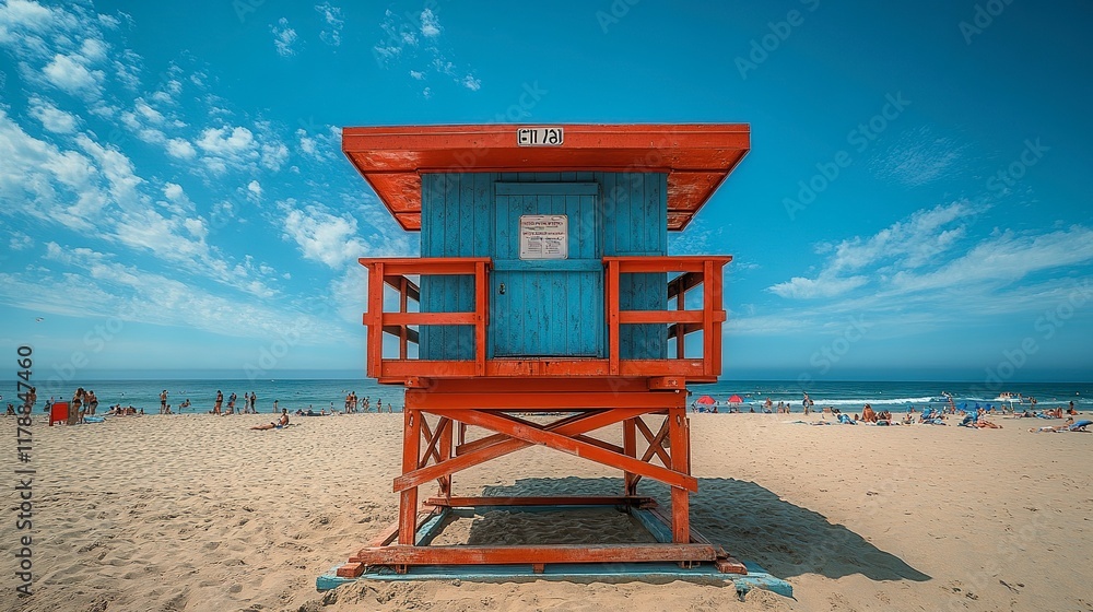 Red and Blue Lifeguard Stand on Sandy Beach Red and Blue Lifeguard Stand on Sandy Beach