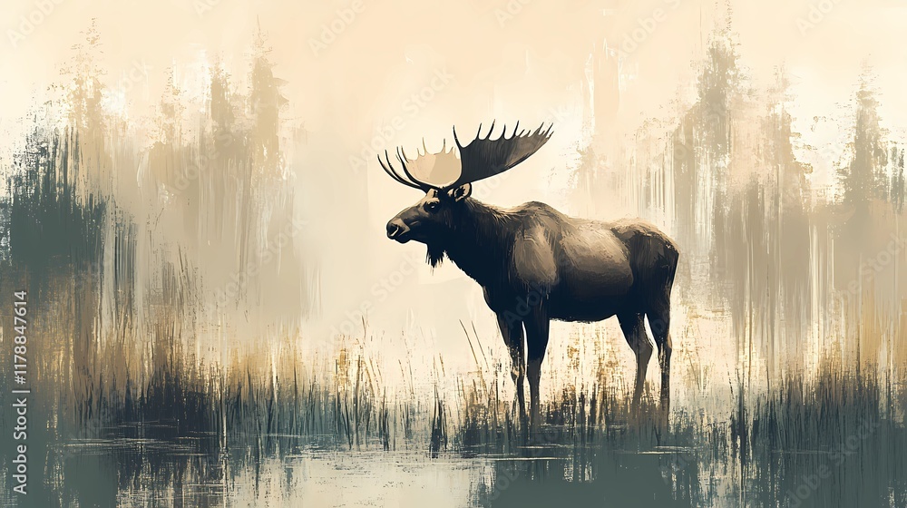 Wild moose captured in its natural habitat, amidst dense forest scenery and calm surroundings, ideal wildlife-themed background style book illustration Wild moose captured in its natural habitat, amidst dense forest scenery and calm surroundings, ideal wildlife-themed background style book illustration
