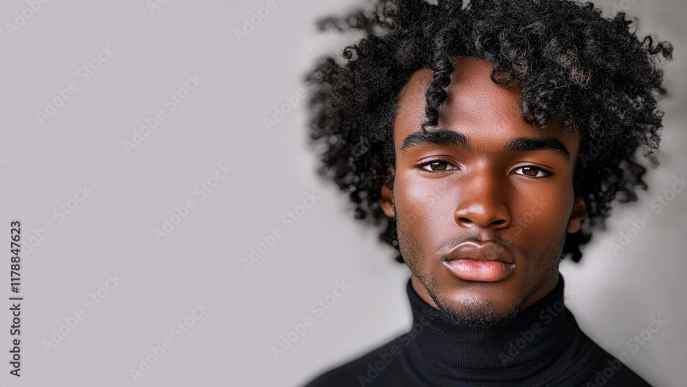 Copy-space for text. Minimalistic background. Black male model thin aquiline nose long curly hair. Black man. Wow trends. Fashion. Elegant man. A seductive guy. Fatal man. Generated AI. Copy-space for text. Minimalistic background. Black male model thin aquiline nose long curly hair. Black man. Wow trends. Fashion. Elegant man. A seductive guy. Fatal man. Generated AI.
