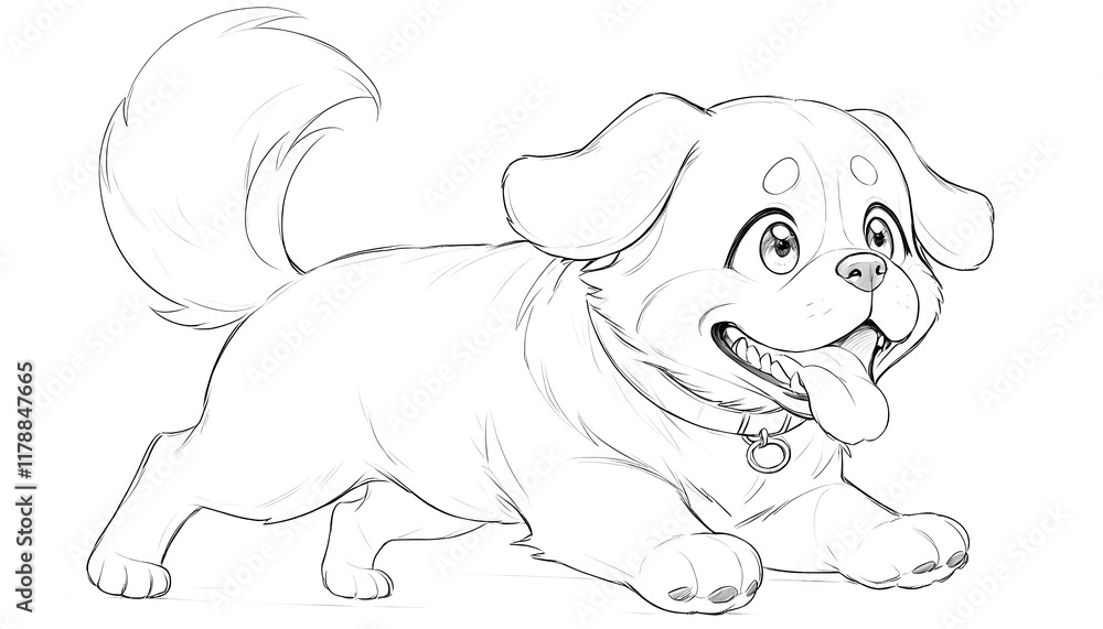 Fototapeta premium Playful Cartoon Dog Sketch Ready for Coloring. A charming Line art/hand-drawn sketch of a cartoon dog