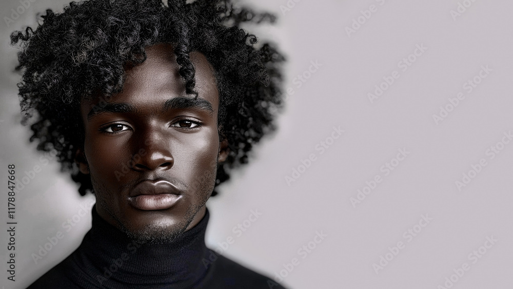 Copy-space for text. Minimalistic background. Black male model thin aquiline nose long curly hair. Black man. Wow trends. Fashion. Elegant man. A seductive guy. Fatal man. Generated AI. Copy-space for text. Minimalistic background. Black male model thin aquiline nose long curly hair. Black man. Wow trends. Fashion. Elegant man. A seductive guy. Fatal man. Generated AI.