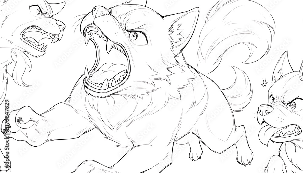 Aggressive Canine Character Sketches in Black and White. Dynamic line art sketches of a canine character displaying various aggressive expressions Aggressive Canine Character Sketches in Black and White. Dynamic line art sketches of a canine character displaying various aggressive expressions