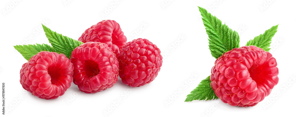 Ripe raspberries with leaf isolated on a white background Ripe raspberries with leaf isolated on a white background