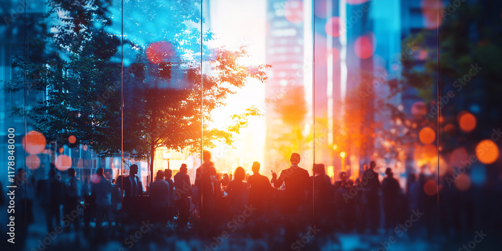 Fototapeta premium Silhouetted figures stand before a vibrant sunset in a city.
