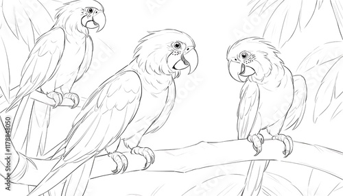 Black and white line drawing of three parrots on a branch.. This black and white line drawing showcases three parrots perched on a branch photo