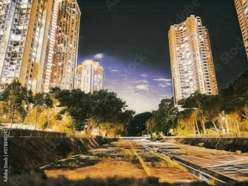 A colored pencil illustration featuring a river between high rise apartment buildings in a dark night.