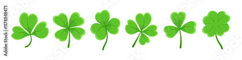 Lucky four, three clover shamrock leaf icon flat style vector illustration set. Irish celtic St Patrick Day logo shamrock clover leaf symbol collection. Luck and happiness floral Irish ornament.