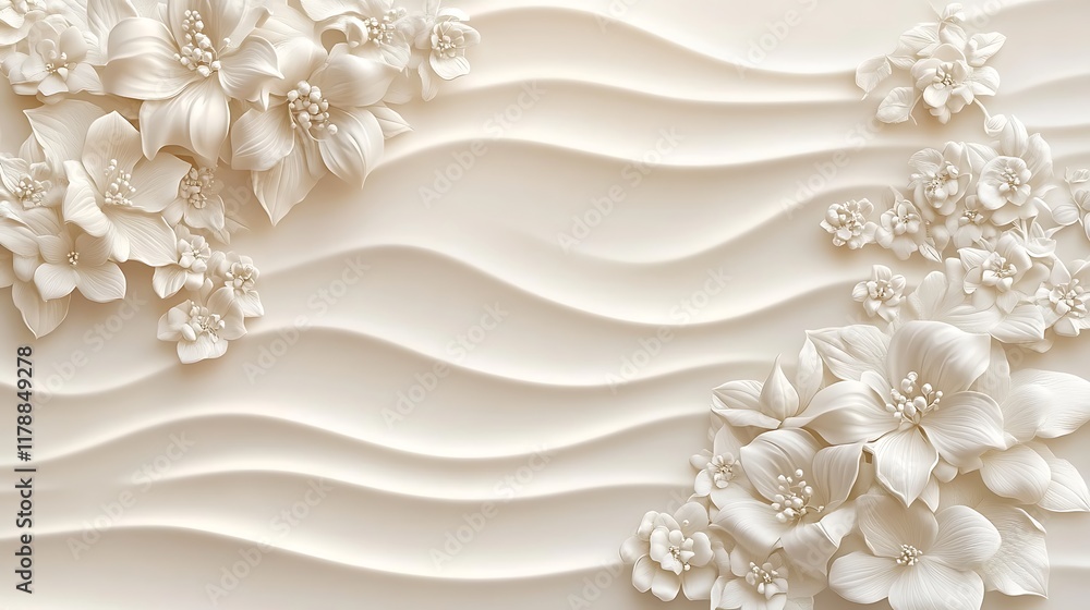 Elegant Cream Floral Design On Wavy Background Elegant Cream Floral Design On Wavy Background
