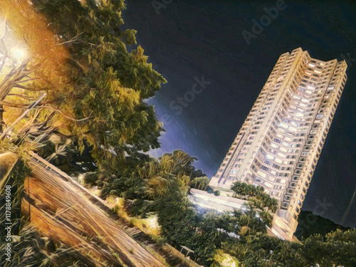 A colored pencil illustration featuring a tall apartment building in a dark night.