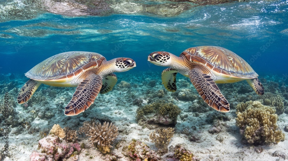 Fototapeta premium Two Green Sea Turtles Underwater Coral Reef Encounter