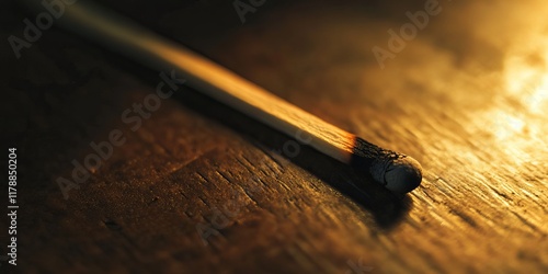 A detailed close-up of a burning matchstick on a wooden surface, highlighting the warm glow and intricate textures.
