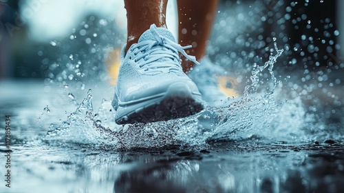 Close-up of sneakers with a splash of water, dynamic and sporty aesthetic