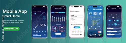 A sleek smart home application interface template featuring modern icons and a gradient design. Includes navigation menus for managing devices, monitoring security, controlling temperature
