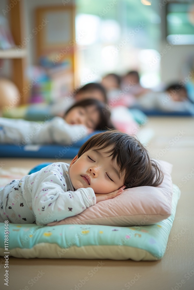 Several toddlers rest peacefully on cushioned mats with soft pillows under their heads Several toddlers rest peacefully on cushioned mats with soft pillows under their heads
