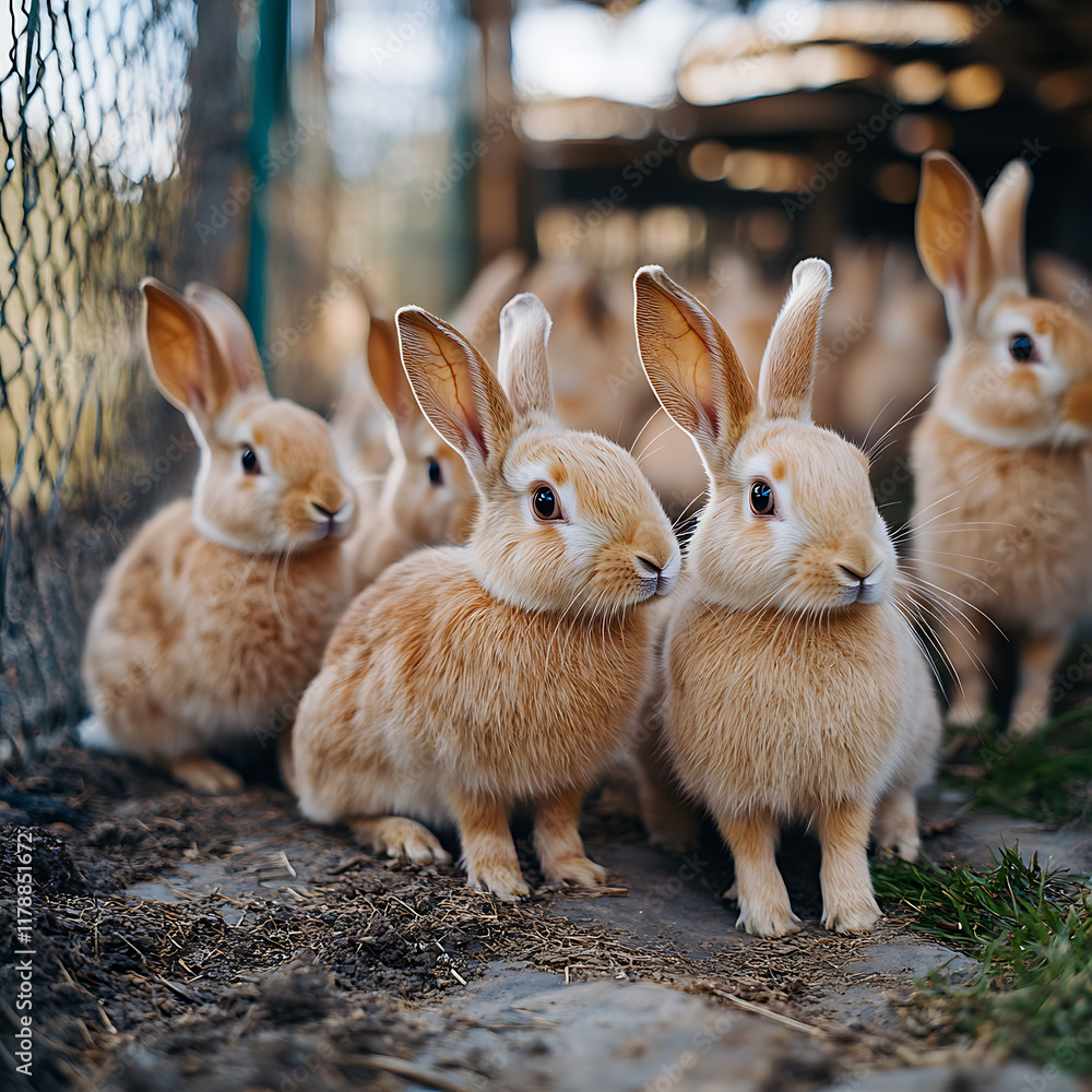 Fluffy rabbits in farm setting, showcasing ethical rabbit farming practices Fluffy rabbits in farm setting, showcasing ethical rabbit farming practices
