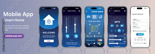A sleek smart home application interface template featuring modern icons and a gradient design. Includes navigation menus for managing devices, monitoring security, controlling temperature