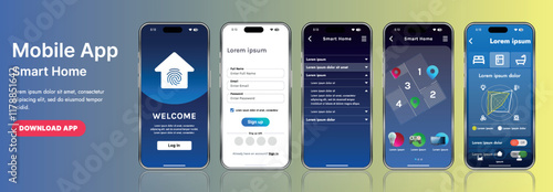A sleek smart home application interface template featuring modern icons and a gradient design. Includes navigation menus for managing devices, monitoring security, controlling temperature